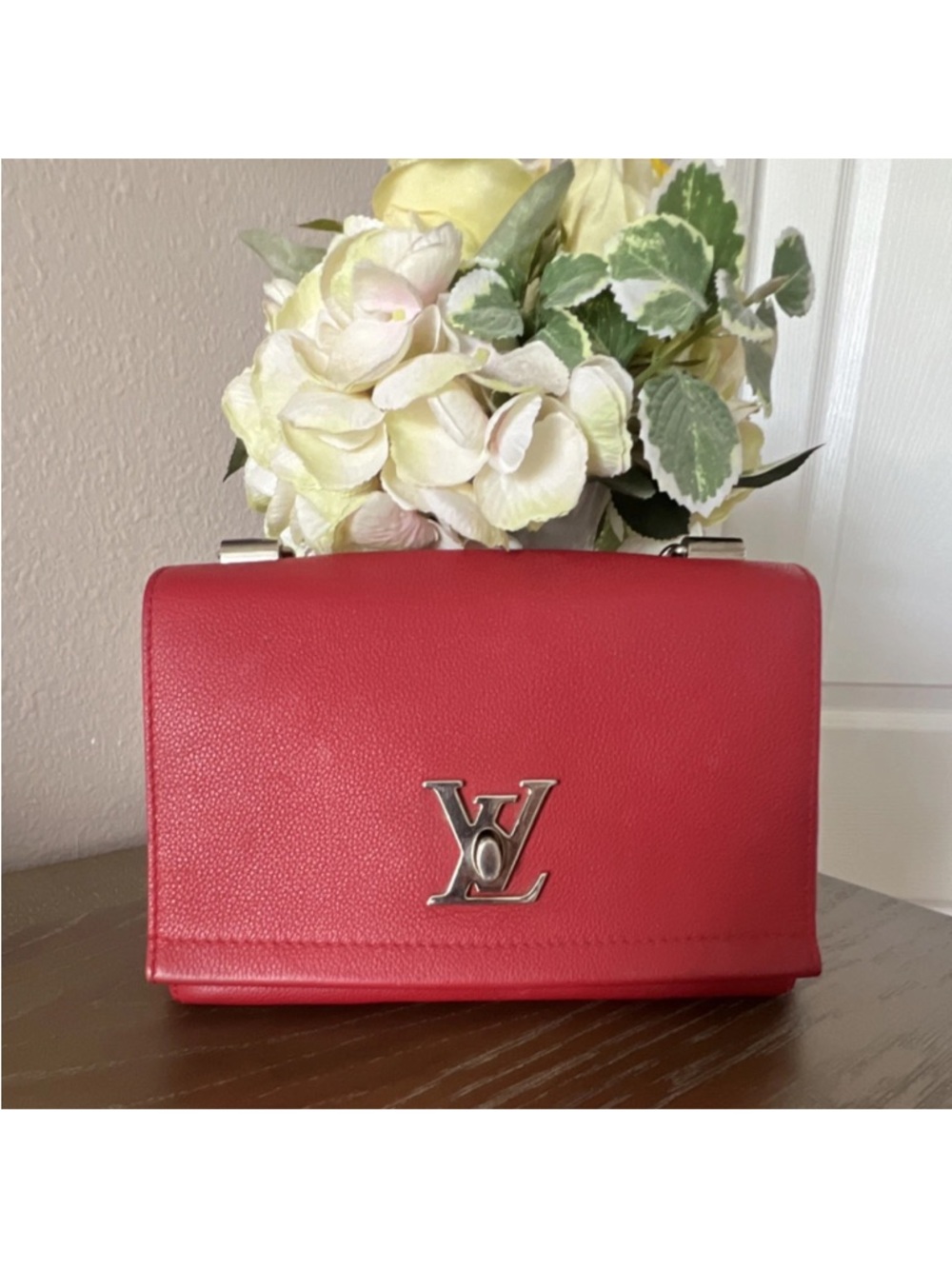 Louis Vuitton Red Leather Shoulder Bag with Silver LV Hardware